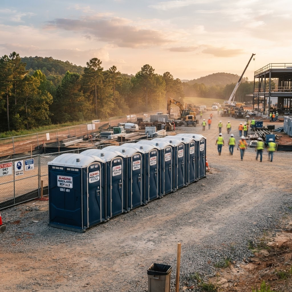 Clean portable toilet units delivered at a Montgomery, AL construction site